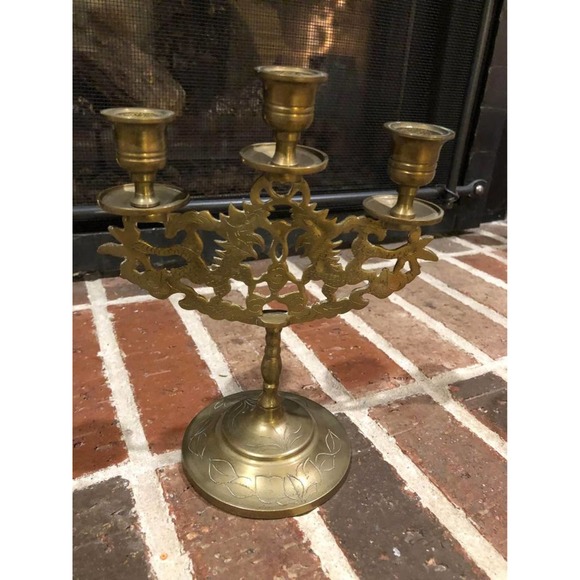 Vintage gold ornate brass candelabra for 3 candlestick holders 8 inches tall - Picture 4 of 9